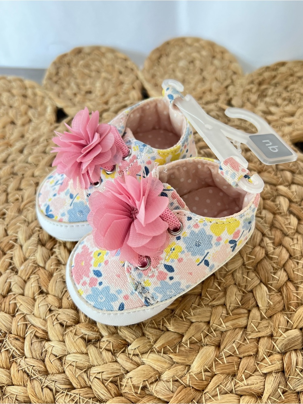 Baby Girl Floral Canvas Crib Shoes with Pink Flower Accent, Newborn NWT